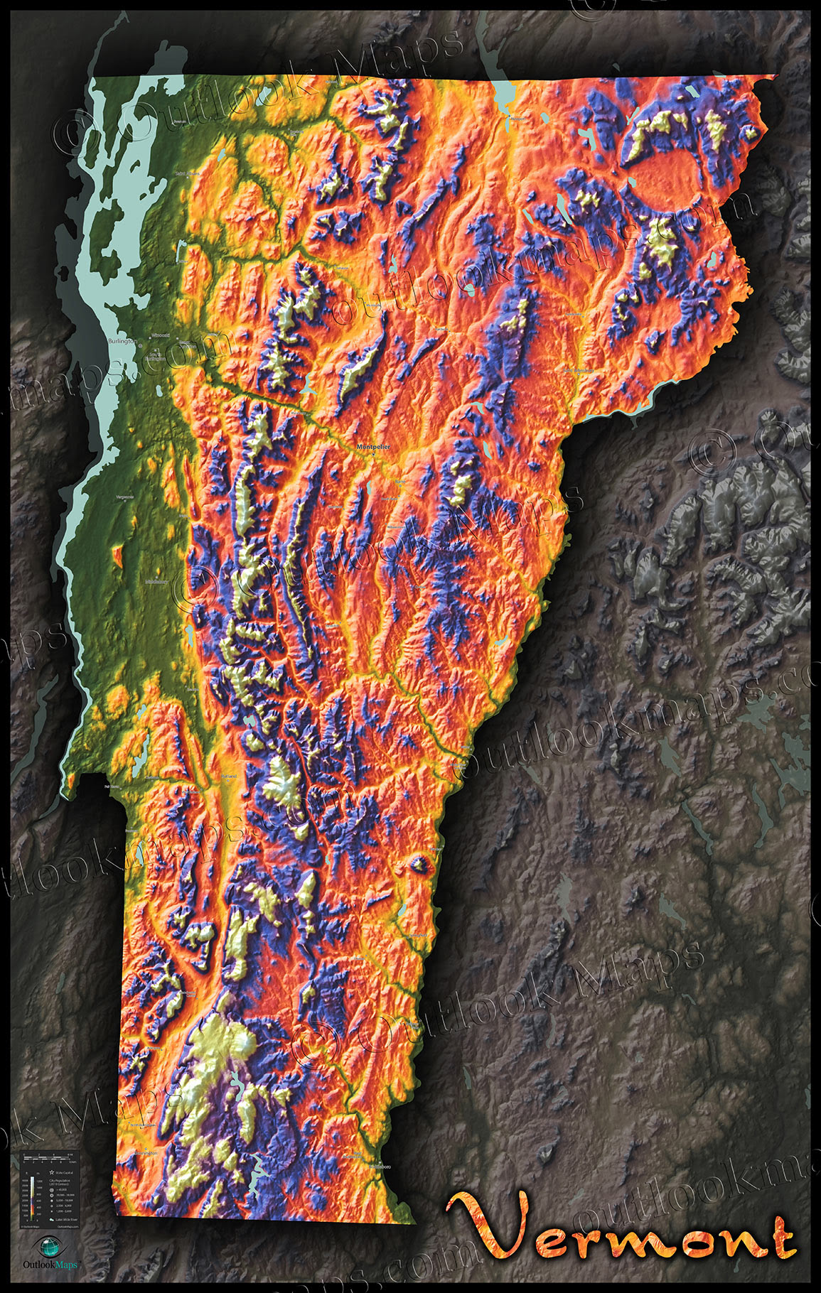 Topographic Map Of Vermont Colorful Vermont Wall Map | 3D Physical Topography of Terrain
