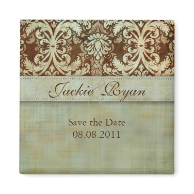 Save the Date Magnet Damask Green Vintage