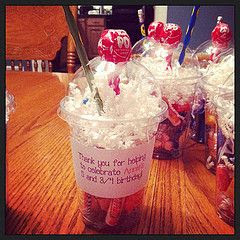 Easiest school birthday treat ever! Fill the cup with candy, add the gift shred for "whipped cream", punch a hole in the lid for the pencil "straw" and add the "cherry" through the large hole already in the lid. Add a label, stickers, etc. to decorate as you wish!