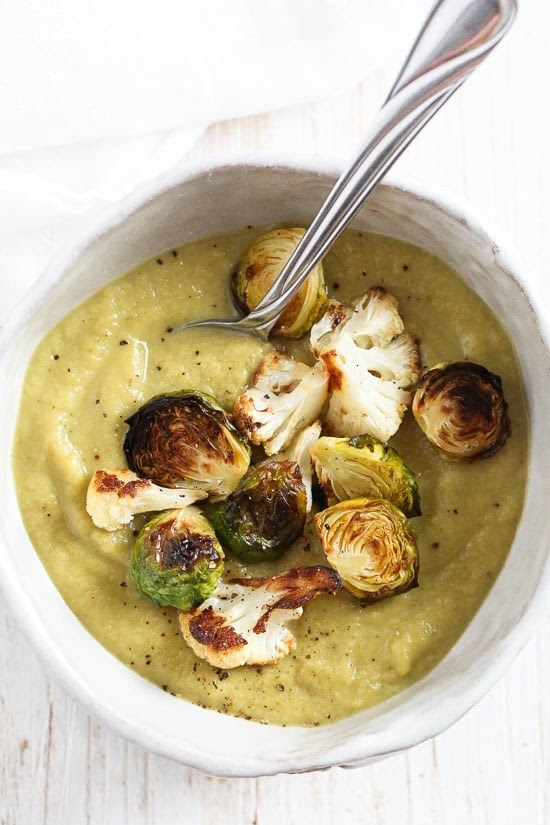 Creamy, dairy-free and dee-lish thanks to roasting the vegetables which adds so much flavor and depth! Topped with more roasted vegetables for texture, it's both filling yet light.