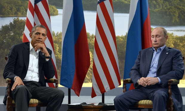 US President Barack Obama holding a bilateral meeting with Russian President Vladimir Putin during the G8 summit at the Lough Erne resort last night.