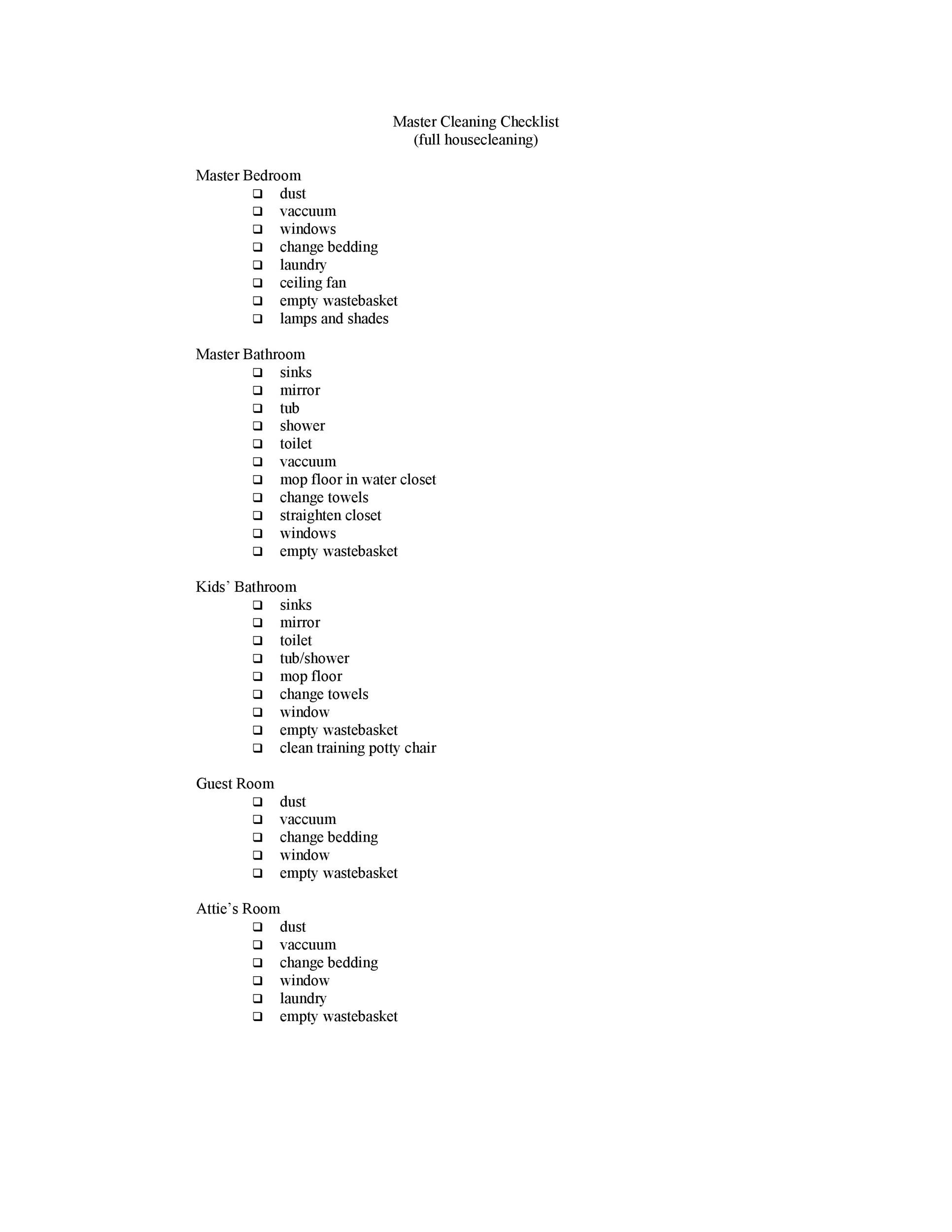 house cleaning checklists