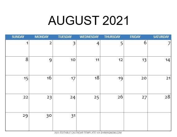 calendar template august 2021