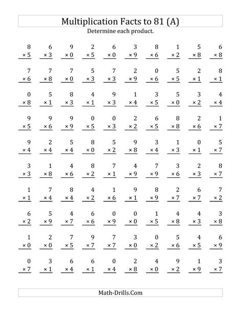  multiplication facts to 81 including zeros 100 per page a math