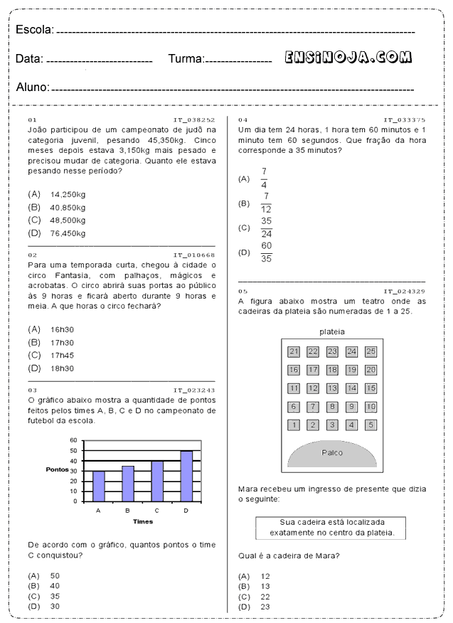 Atividades De Matematica 4 Ano Para Imprimir Ensino Ja