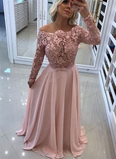 pink lace long prom dress long sleeve evening dress en