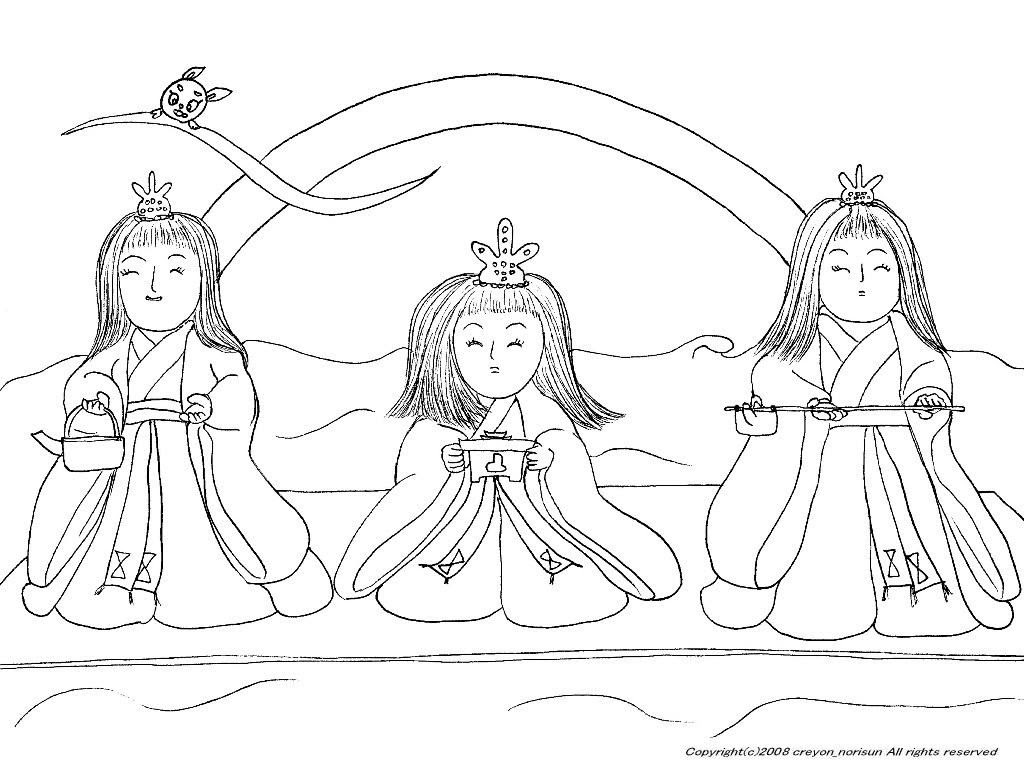 三人官女の下絵ーひな祭りのぬりえ
