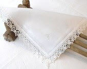 French Vintage White Handkerchief, Vintage Monogrammed Cotton Lace edged Handkerchief, Handkerchief, Wedding Accessory - VictoriasAttick