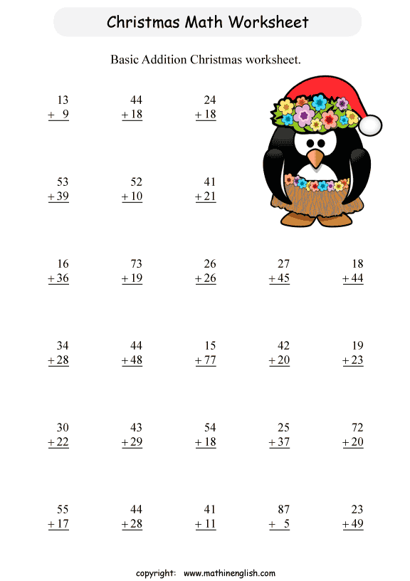 Printable Christmas Addition Worksheet for Grade 1 students