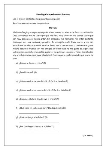 spanish ks3 reading comprehension practice family and hobbies