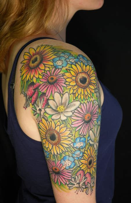 bright colorful sunflower daisy  sleeve tattoo