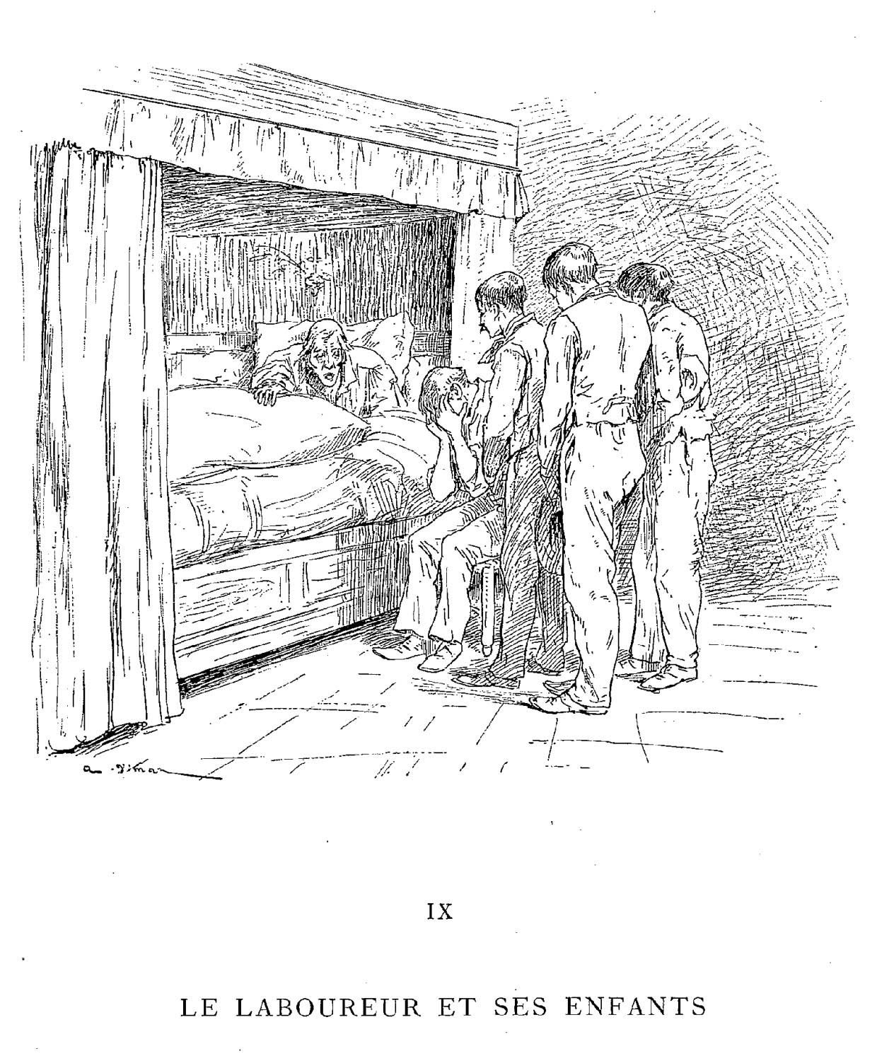 Illustration dessin Vimar fable de La Fontaine le laboureur et ses enfants