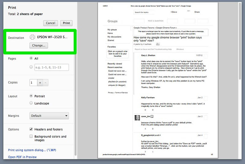 Google Chrome: Destination CHANGED to EPSON WF-3520