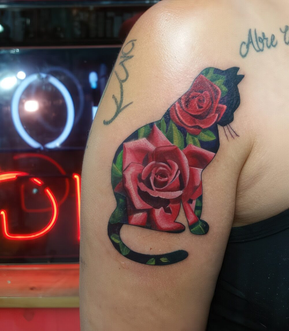 Download Picture Of cat roses tattoo