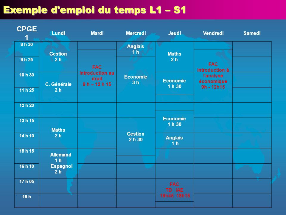 Exemple d'emploi du temps L1 â S1 CPGE 1 ...