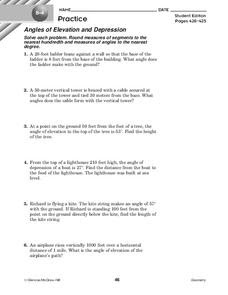 Angles of Elevation and Depression Worksheet for 10th Grade ...