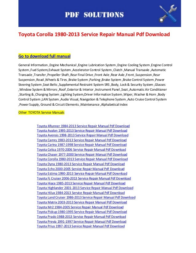 Toyota corolla 1980 2013 service repair manual pdf download