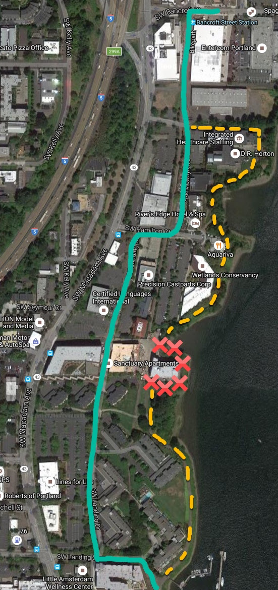Green: Suggested detour Red: Closure Yellow: Greenway path (Graphic: BikePortland)
