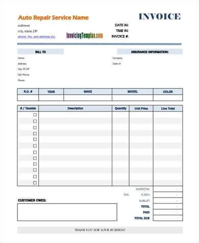  free printable auto repair invoice template best template ideas in