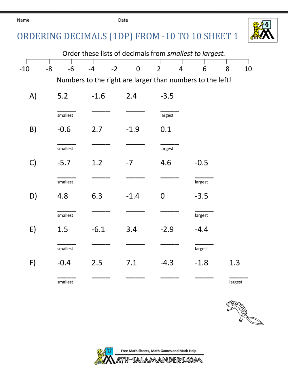 Math Worksheets 4th Grade Ordering Decimals to 2dp