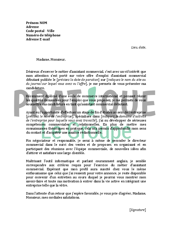 Lettre de motivation pour un emploi d'assistant commercial ...