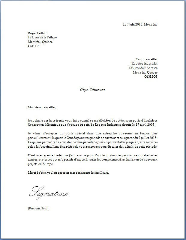 Lettre demission pour suivre conjoint - Modele de lettre type