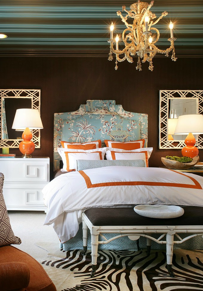 chocolate brown walls orange accents china seas upholstered headbooard bedroom white lacquered nightstand bamboo mirrors 