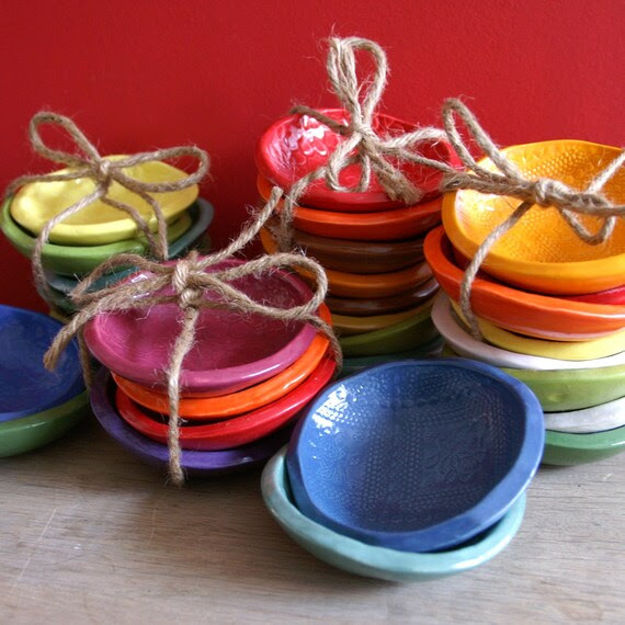 4 Cracker Bowls - small bowls in Turquoise - Yellow - Lime and Green - Wobbly Plates Series