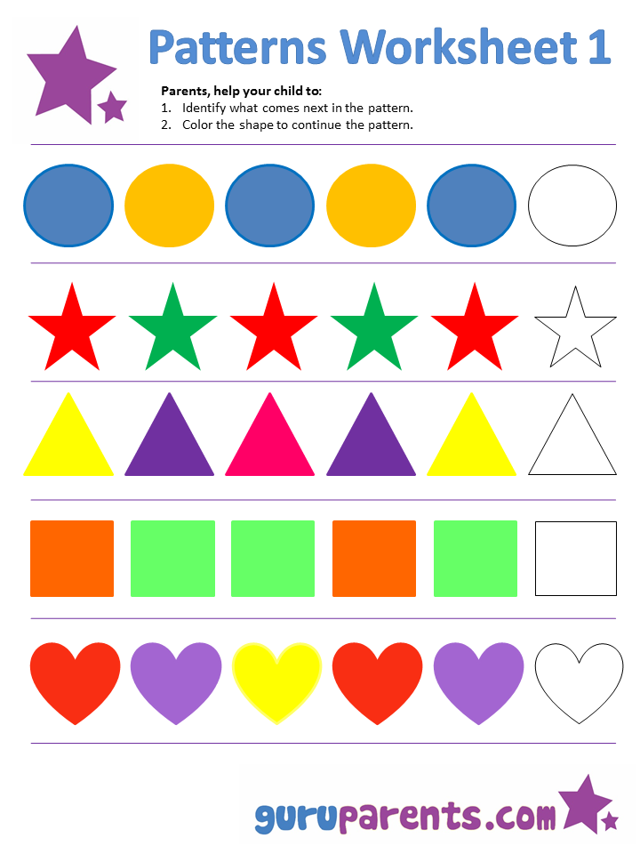 for patterns color worksheet kindergarten Pattern Worksheets   guruparents