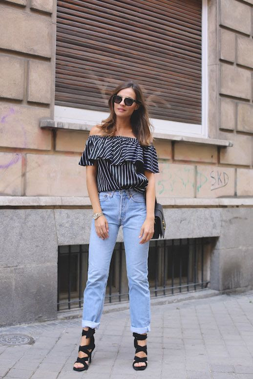 Le Fashion Blog Blogger Style Off Shoulder Shirt Mom Denim Strappy Heels Via Style Lovely 