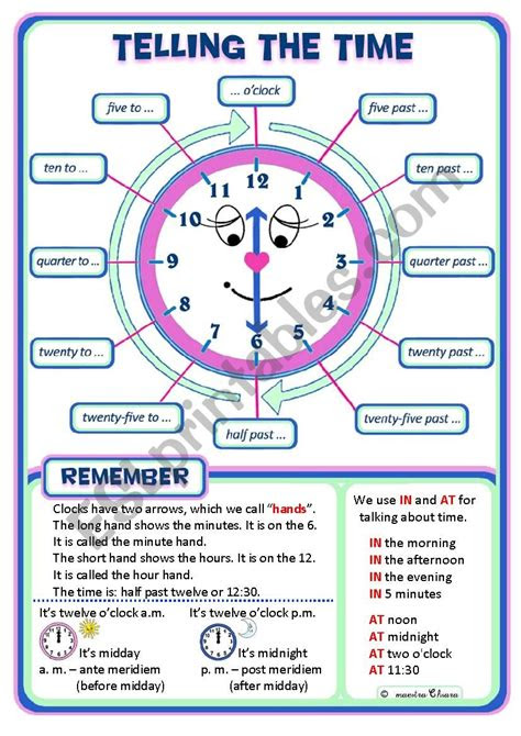 A free, printable vocabulary worksheet to develop language and writing skills and to practice telling time. telling the time poster esl worksheet by chiaretta