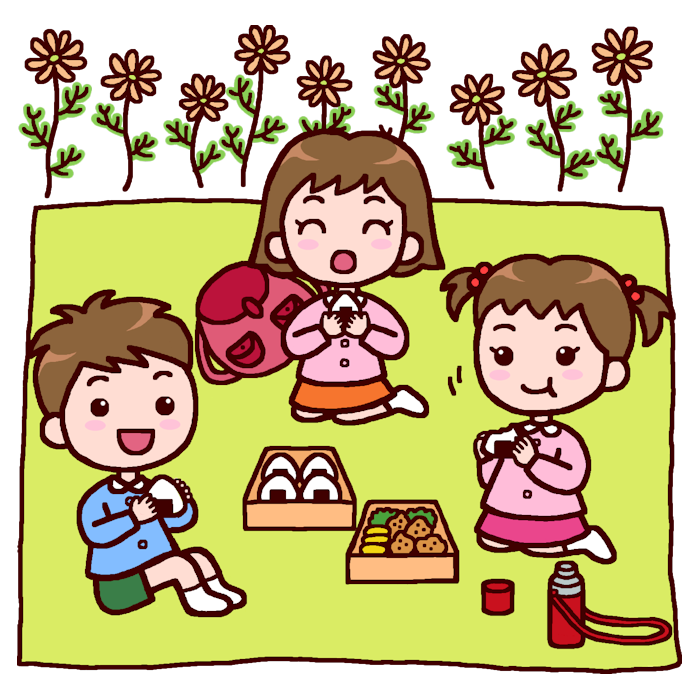 おにぎりおいしいね カラー 遠足の無料イラスト 秋の季節 行事 保育素材
