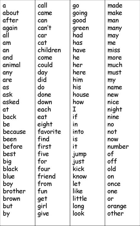 kindergarten sight words list printable kindergarten
