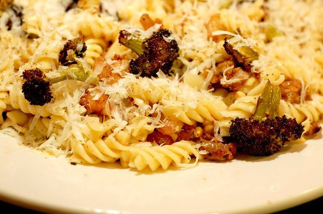 Roasted Broccoli With Sweet Italian Sausage, Pinenuts, Parmesan & Pasta by Eve Fox, Garden of Eating blog, copyright 2012