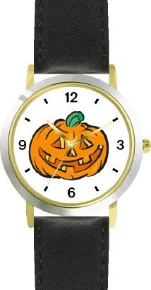 Pumpkin, Jack-o-Lantern - WATCHBUDDY® DELUXE TWO-TONE THEME WATCH - Arabic Numbers - Black Leather Strap-Size-Children's Size-Small ( Boy's Size & Girl's Size )