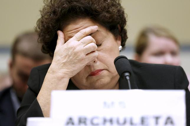 U.S. Office of Personnel Management (OPM) Director Katherine Archuleta rubs her eyes, as she testifies before a House Committee on Oversight and Government Reform hearing on the data breach of OPM computers, on Capitol Hill in Washington June 16, 2015. REUTERS/Jonathan Ernst