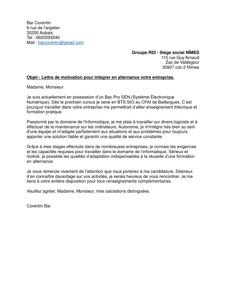 Lettre de motivation bts - production / maintenance des ...
