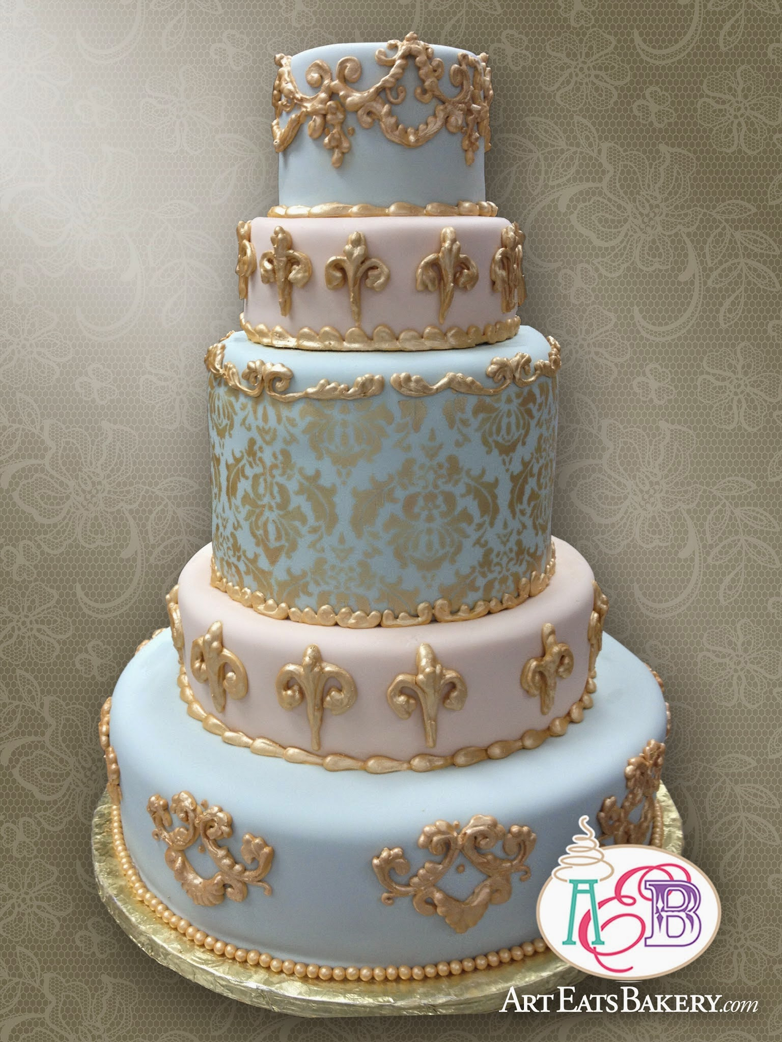 5 Tier Elegant Baroque blue and pink ornate elegant fondant Wedding Cake with Gold Damask Pattern and flourishes design.jpg