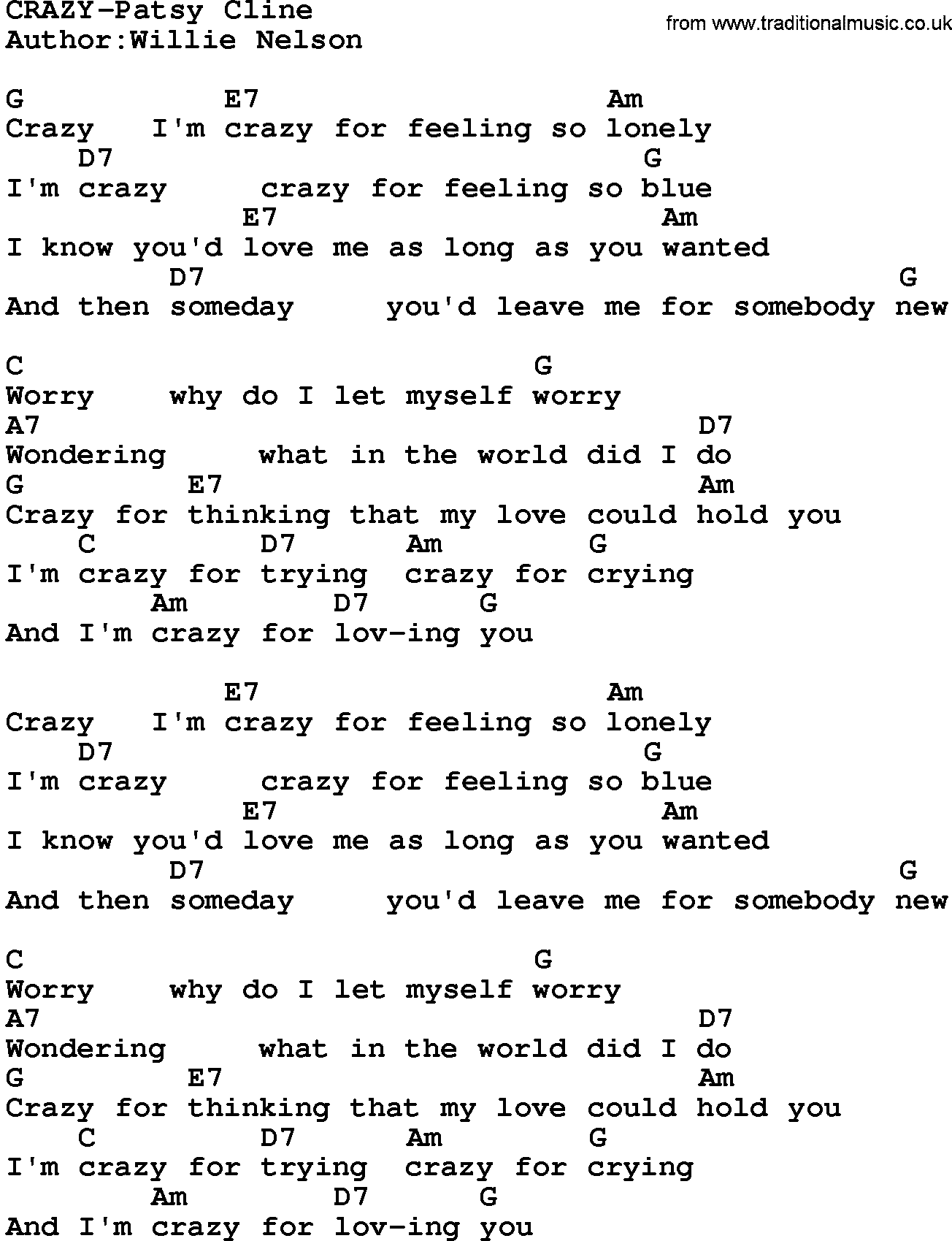 Country Music Crazy Patsy Cline Lyrics And Chords