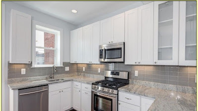 Grey Counter White Cabinets Kitchen