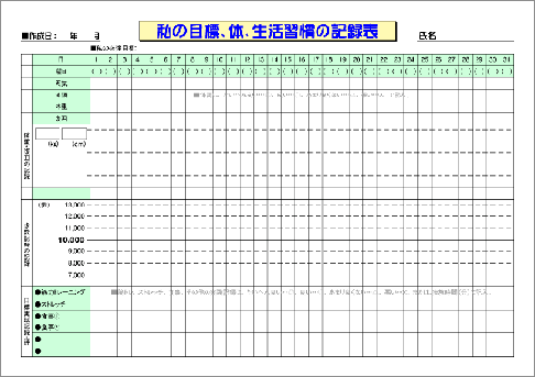 日本健康運動研究所 目標 体 生活習慣の記録表