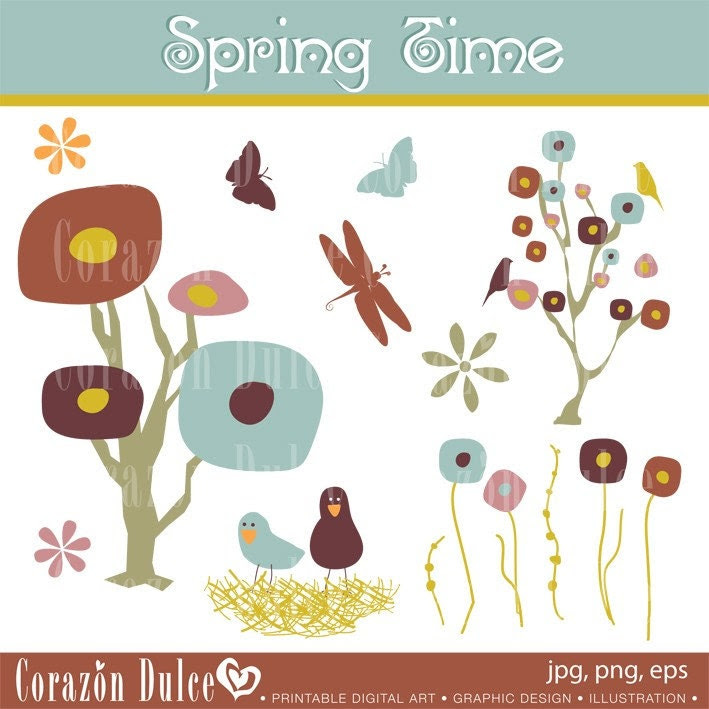 Clip Art Flowers Butterflies. Clipart SPRING TIME Digital