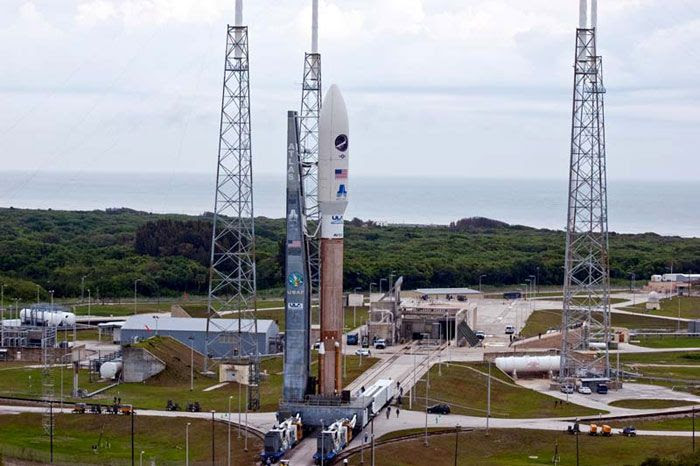 The Atlas V rocket carrying the OTV rolls out to Space Launch Complex 41 at the Cape Canaveral Air Force Station in Florida, on April 21, 2010.