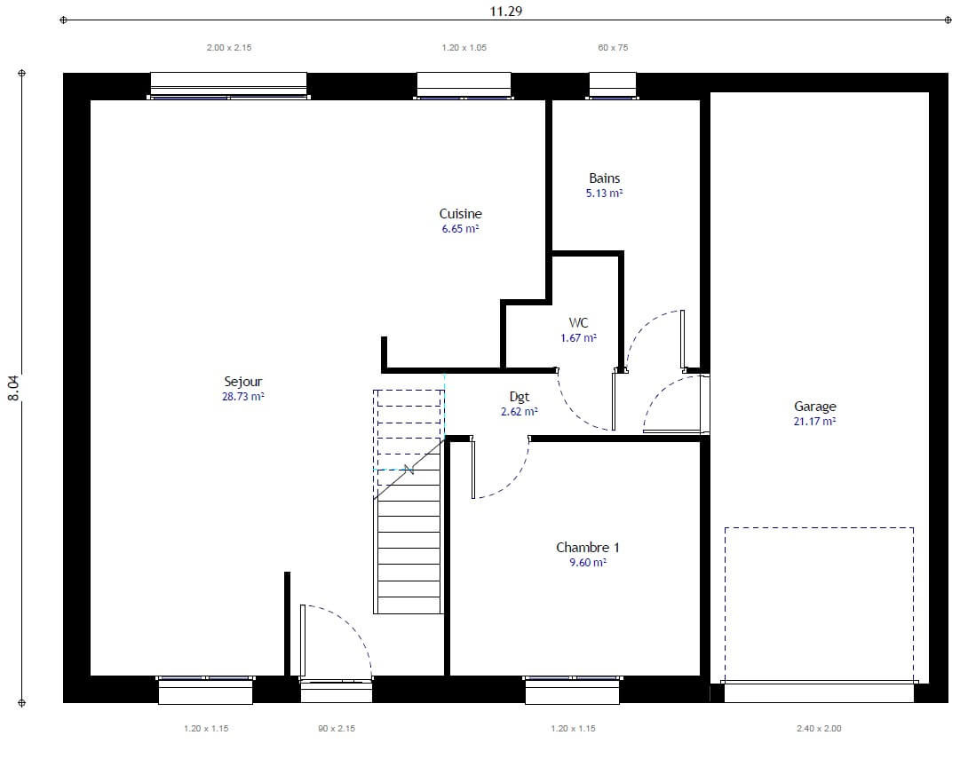 Plan maison individuelle 3 chambres 97 Gi - Habitat Concept