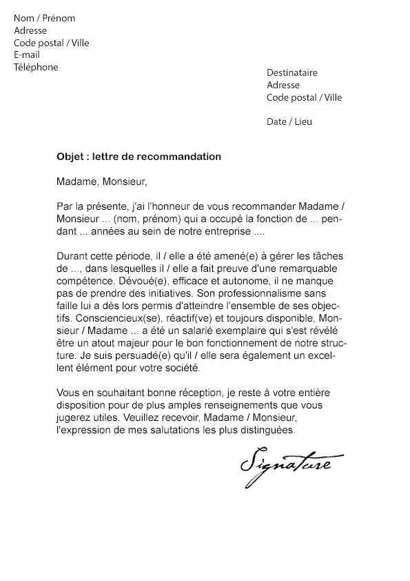 Lettre de recommandation pour un Emploi - Modèle de Lettre