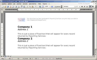Screen capture of the resulting Word XML report inside MS Word 2003