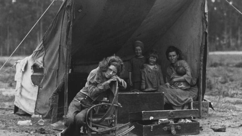 A family takes shelter during the Dust Bowl period.