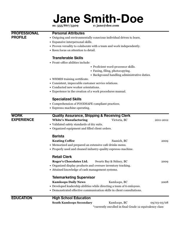 Grid based excel resume