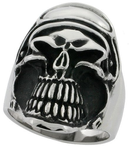 Stainless Steel 1 1/4 in. (32 mm) Skull Ring with Biker Helmet (Available in Sizes 10 to 15), size 10