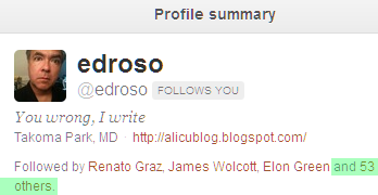 Roy Edroso's Twitter profile, showing how many people who follow me also follow him